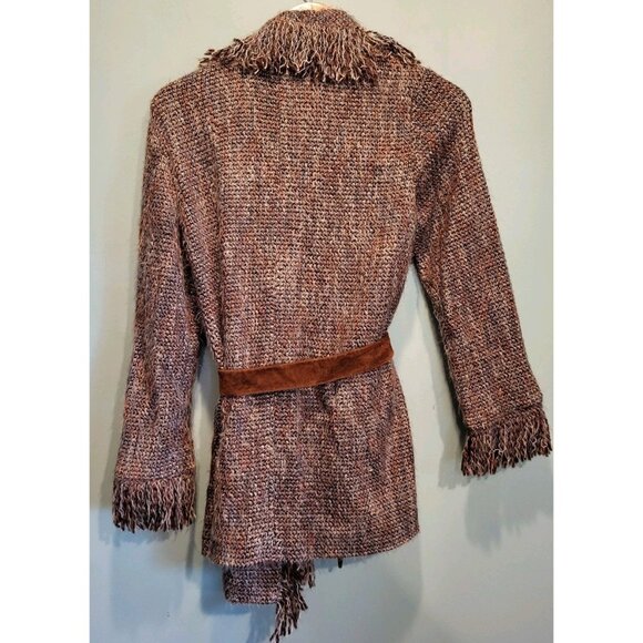 Intermix Brown Wool Blend Tweed Fringe Suede Belted Mid Length Wrap Jacket Sz S - Picture 5 of 9